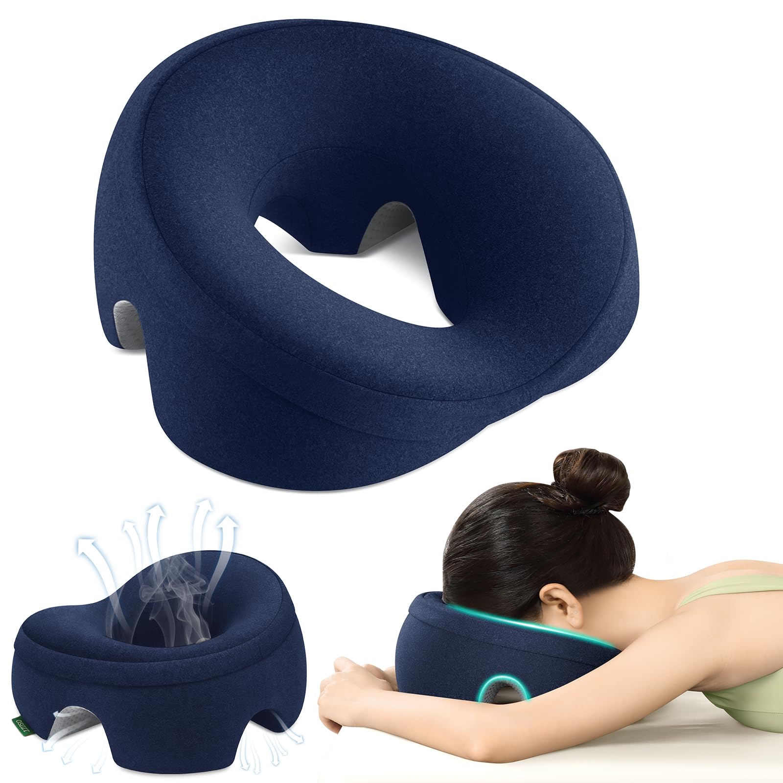 OSZZT Prone Massage Pillow for Facial Support，Prone Pillow for Eye Surgery，Detachable Cover，Facial Ventilation Hole Design (Navy Blue)
