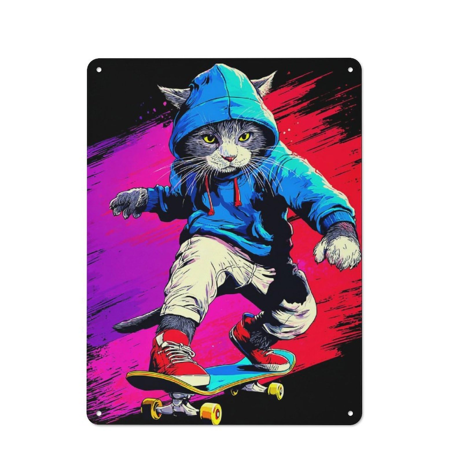 Junmoney Skateboarding Cat In Style Vintage Bistro Metal Sign 40X30cm, Bistro Wall Plaque For Takeaway, Bar, Kitchen Or Counter Area