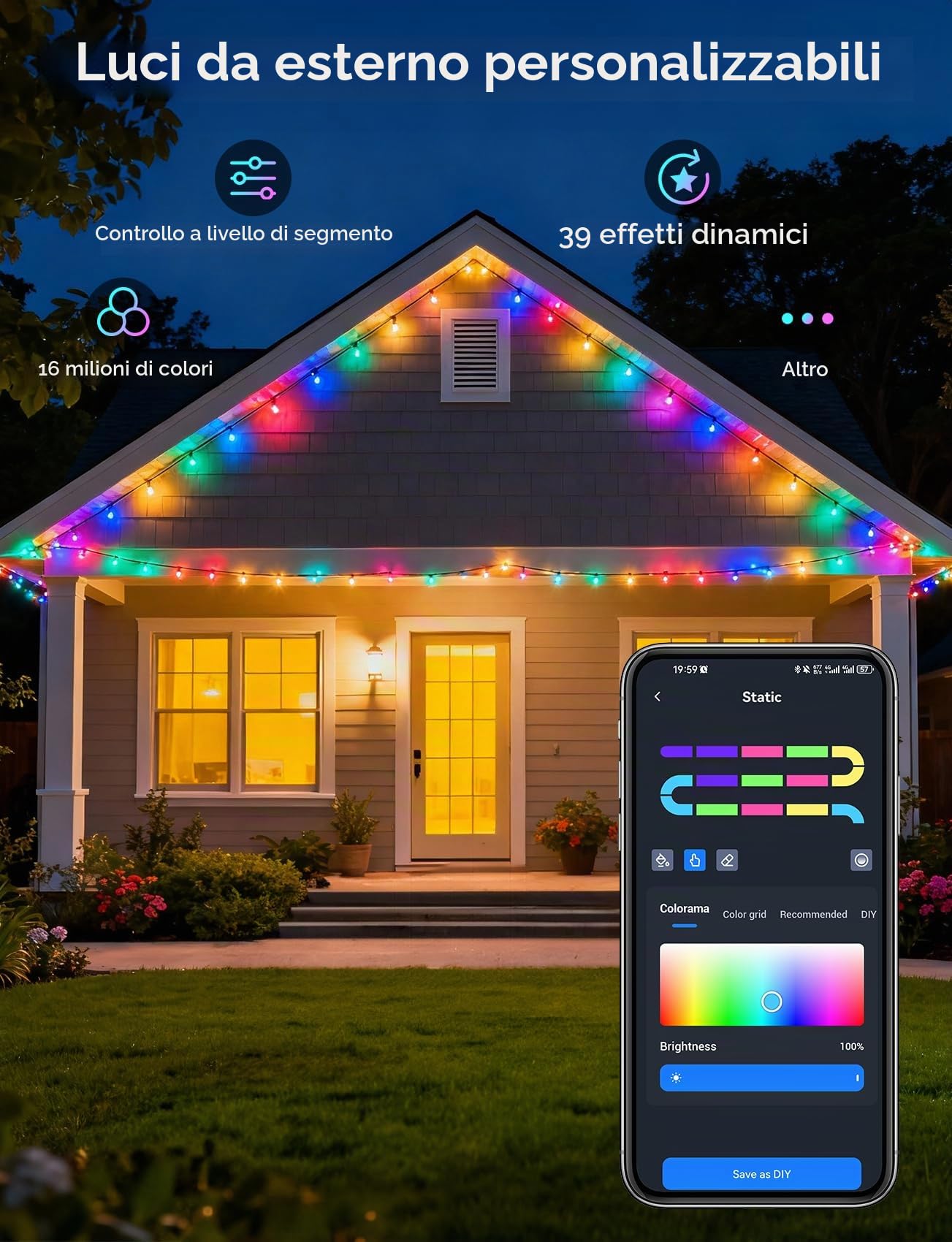 Aigostar Catena Luminosa RGBIC Esterno, 5M, 25 LED Lampadina Colorata, Controllo Segmento Fai da te a Colori, Sincronizzazione Musicale, 39 Modalità Dinamiche, IP44 Impermeabile per Interni, Giardino