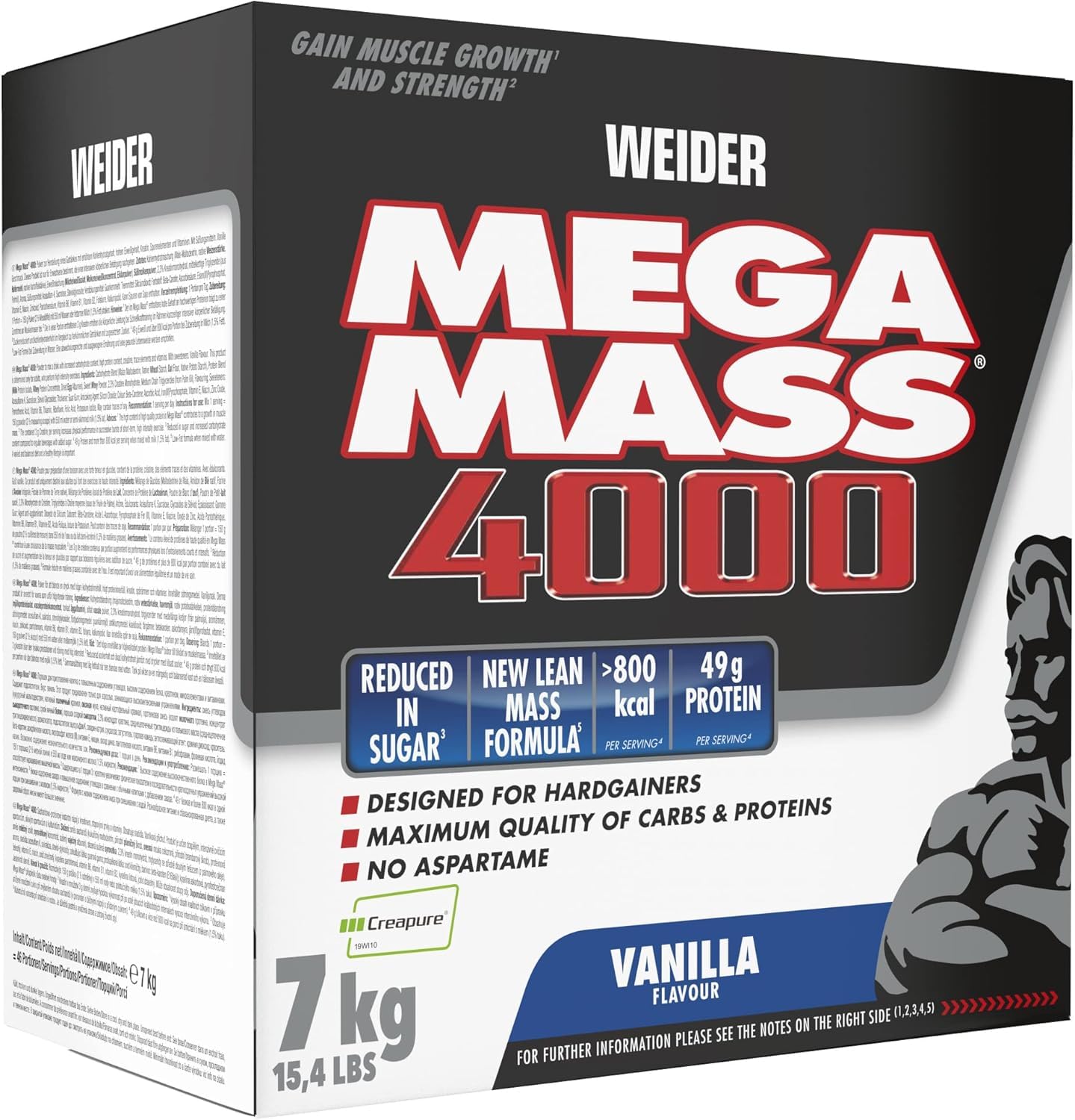 Weider Mega Mass 4000 - Poudre Weight Gainer avec 48g de Protéines & Créatine par Portion - Pour la Construction Musculaire & l'Absorption de Calories Élevées - 7kg - Vanille