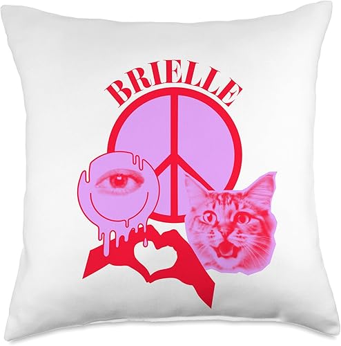 Brielle Name Personalized Peace and Karma Co. Personalized Brielle First Name I Love Retro Cat Mom Throw Pillow, 18x18, Multicolor