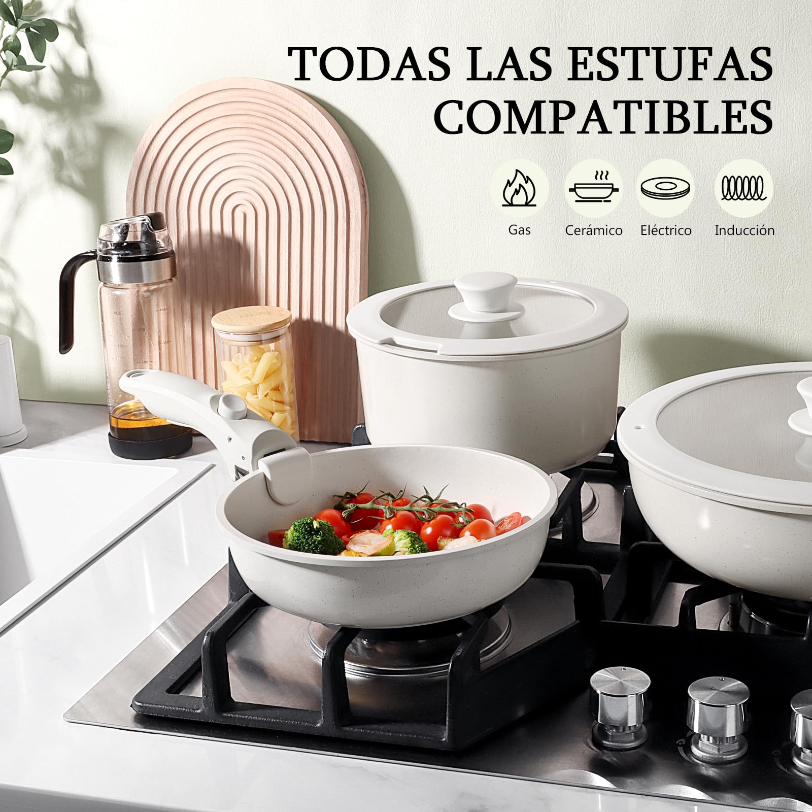 GiPP Juego de Ollas y Sartenes Cerámicas Antiadherente - Juego de Cocina con Mangos Desmontables, No Tóxico, Apto para Inducción, Horno y Lavavajillas(Blanco 3PCS)
