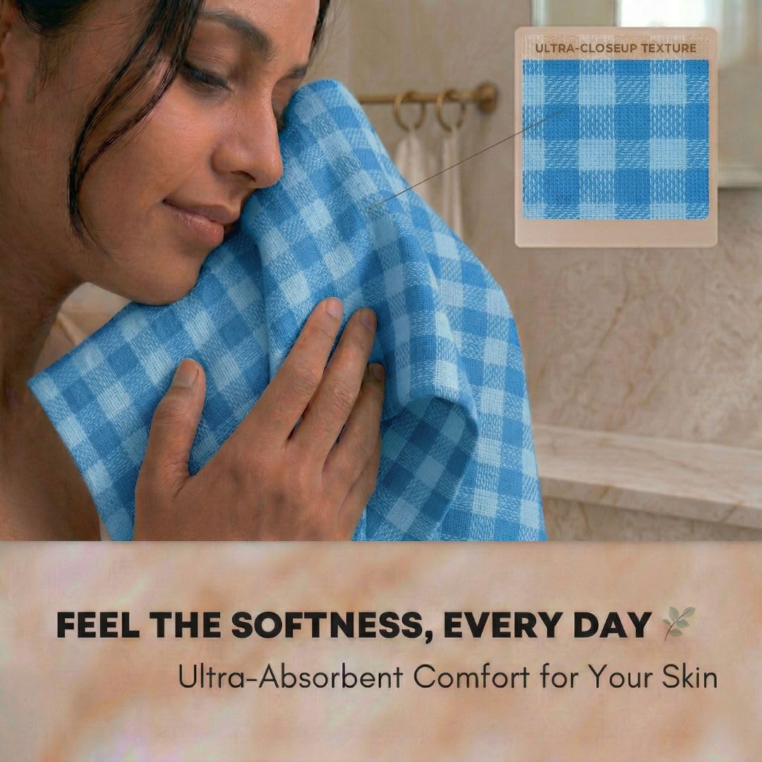 Athom Living Premium Cotton Bath Towel – Lightweight, Quick-Dry & Highly Absorbent, Soft Blue Check Design, Comfortable Everyday Use, Durable & Stylish | 75x150 cm, Pack of 1 2