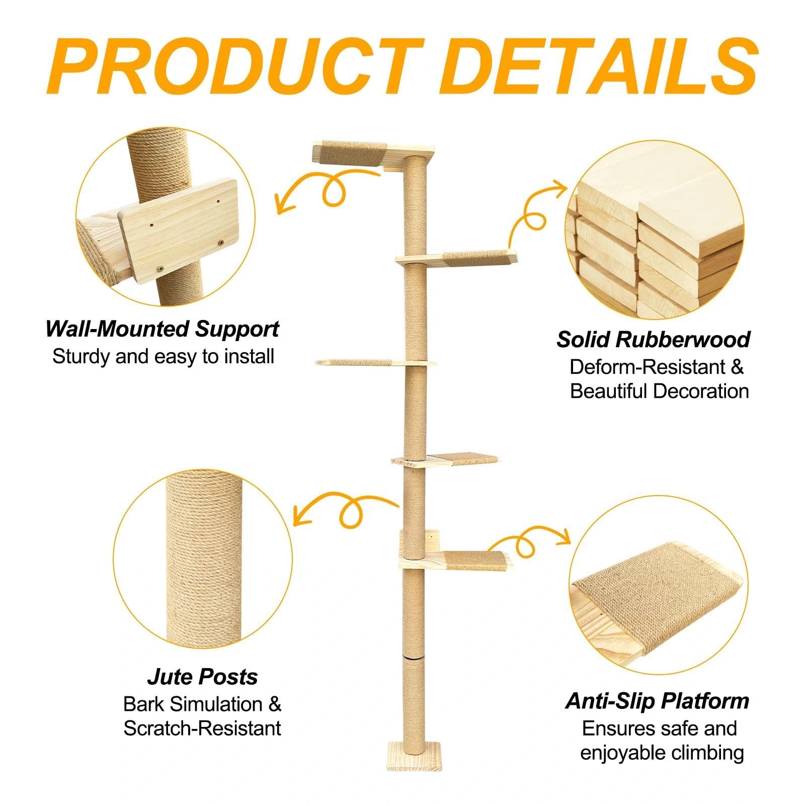 Rascador para Gatos de Poste, Árbol para Gatos, Torre de 5 Niveles hasta el Techo (205 cm), Montado en la Pared, con Corda di Sisal Naturale, para Trepar, Rasguñar y Jugar