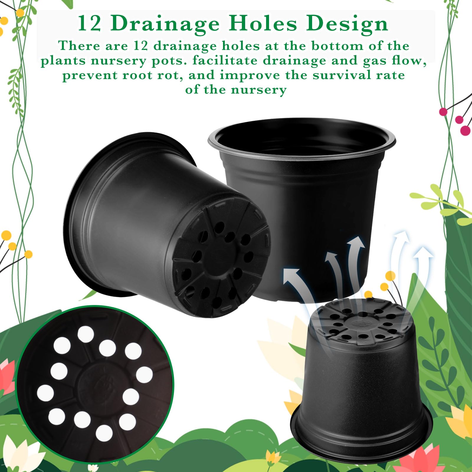 Hushee Lot de 1 500 pots de semis en plastique de 15,2 cm avec trous de drainage – Jardinières pour le démarrage des semis, la transplantation de fleurs d'intérieur et d'extérieur (noir)