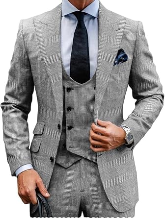 MoranX Casual Mens Suits Regular Fit 3 Piece Double Breasted Wool Plaid Tuxedos Business Blazer+Vest+Pants Wedding
