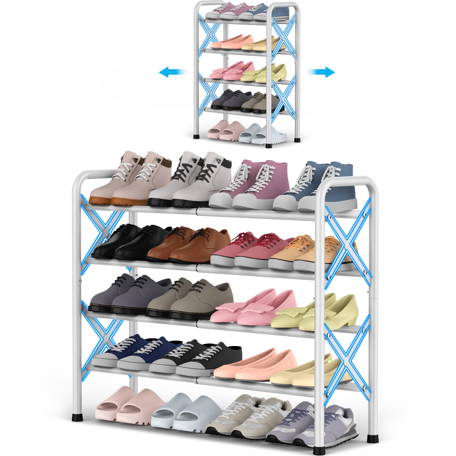 YEASHEIN 4-Tier Shoe Rack for Closet, Expandable Shoe Rack, Capacity 20 Pairs Wide Shoe Organizer Sturdy Shoe Shelf for Entryway