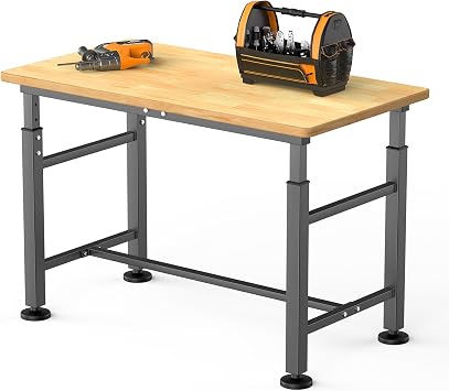 TORACK Adjustable Workbench with Rubberwood Top, 47.75" x 23.25" Heavy-Duty Garage Work Table, Height Adjustable 29"41", Supports Up to 2000 lbs