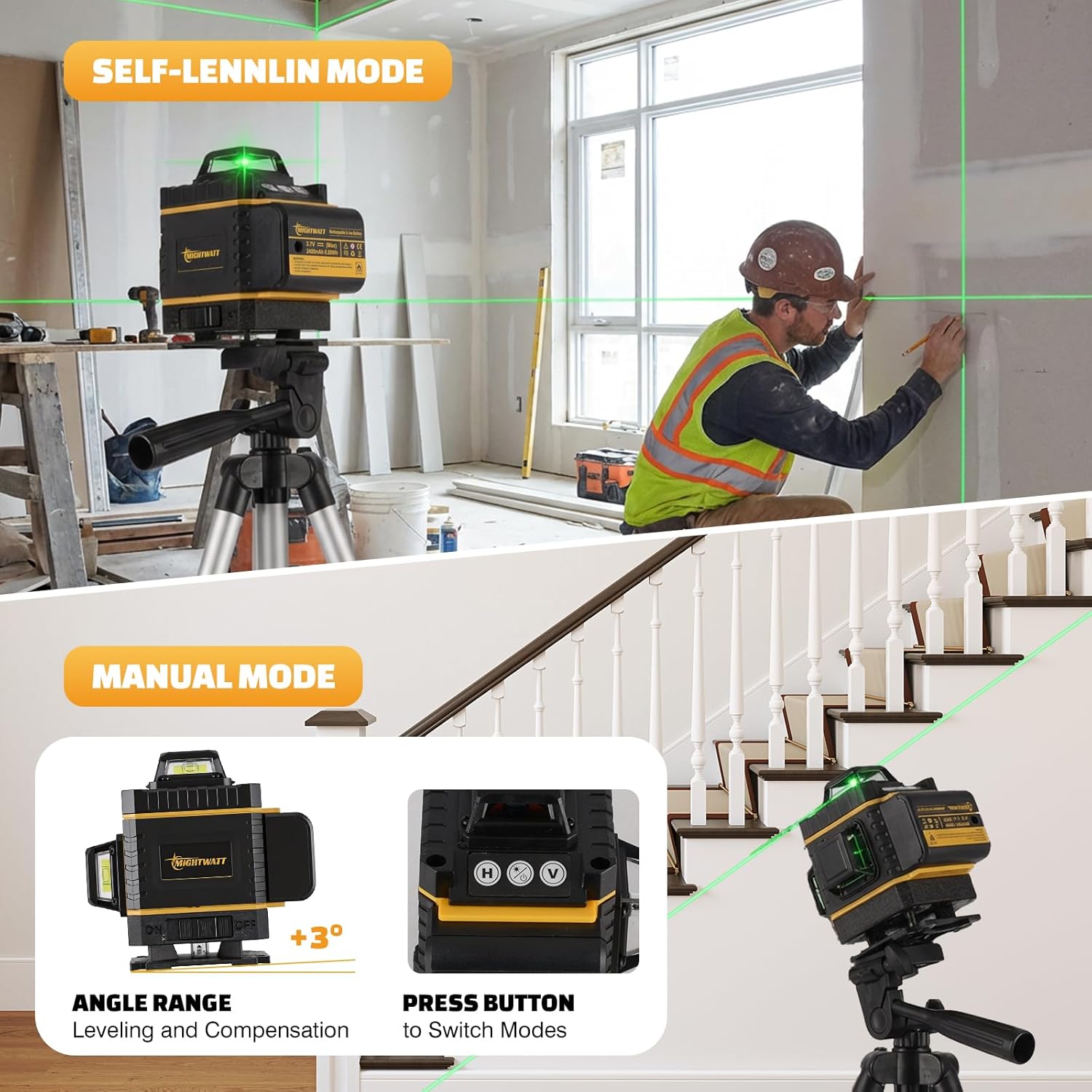 4D 16 Lines Green Laser Level Self-Leveling with Magnetic Bracket & Remote Control | Includes Rechargeable Battery, Glasses, Wall Mount | for Construction, Renovation - Laser Leveler Tool
