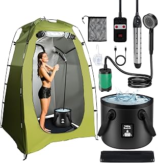 Portable Hot Shower for Camping, 1500W LCD Screen Immersion Heater Shower Tent Kit, Rechargeable LCD Screen Camping Shower Pump 6800mAh, 5.3 Gallons Folding Bucket, Ultra-long Life for Camping Outdoor