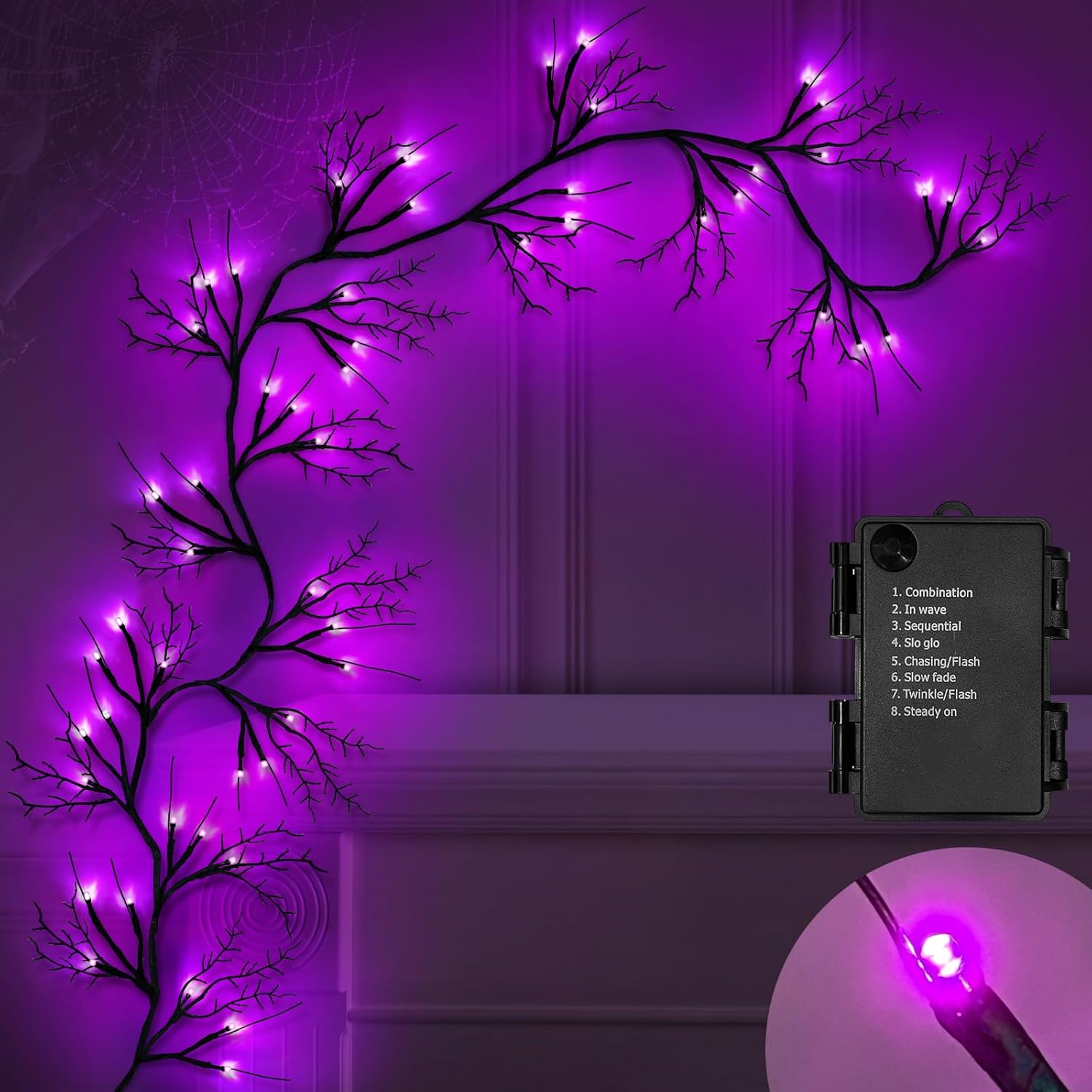 6 Ft 54 LED Halloween Willow Vine Twig Decor Garland with 8 Modes Timer Waterproof Battery Operated Scary Halloween Decorations for Home Wall Mantle Fireplace Decor Purple