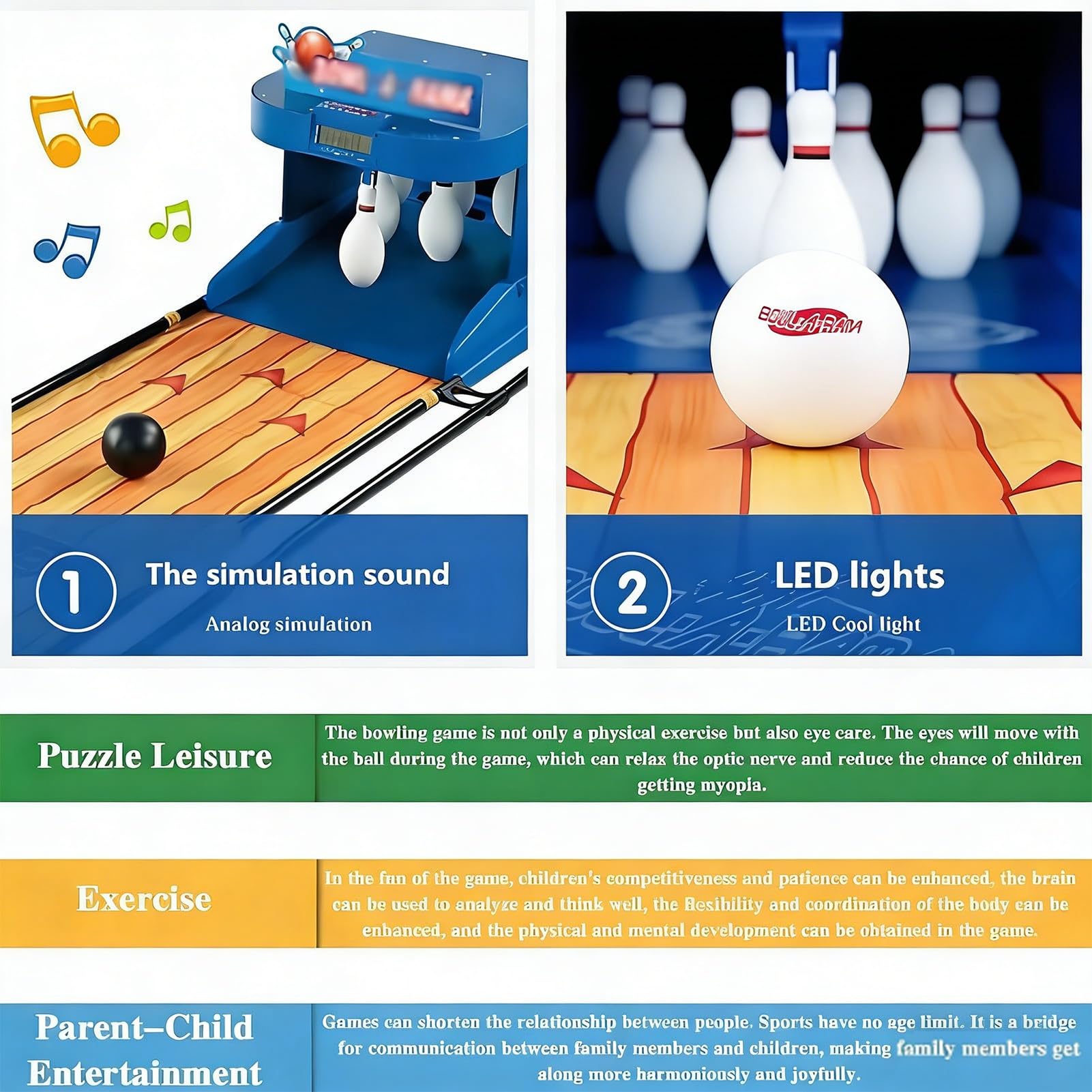 Elektronisches Bowling-System für Innen - Faltbarer Heim-Arcade-Automat mit Automatischem Pin-Reset, LED-Anzeige & Sound - Mobiles Tisch-Sportspiel für Familie & Partykeller(3.5m/11ft)