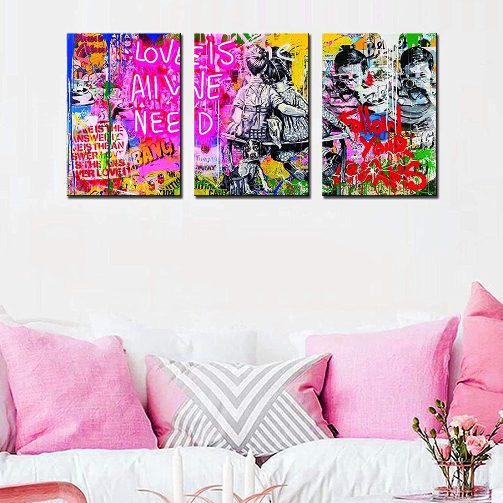Banksy Street Classic Graffiti Wall Art Love is All We Need Inspirational Quote Poster Picture Art Print On Canvas For Living Room 60x80cm (24x32in) x3 Inner Frame
