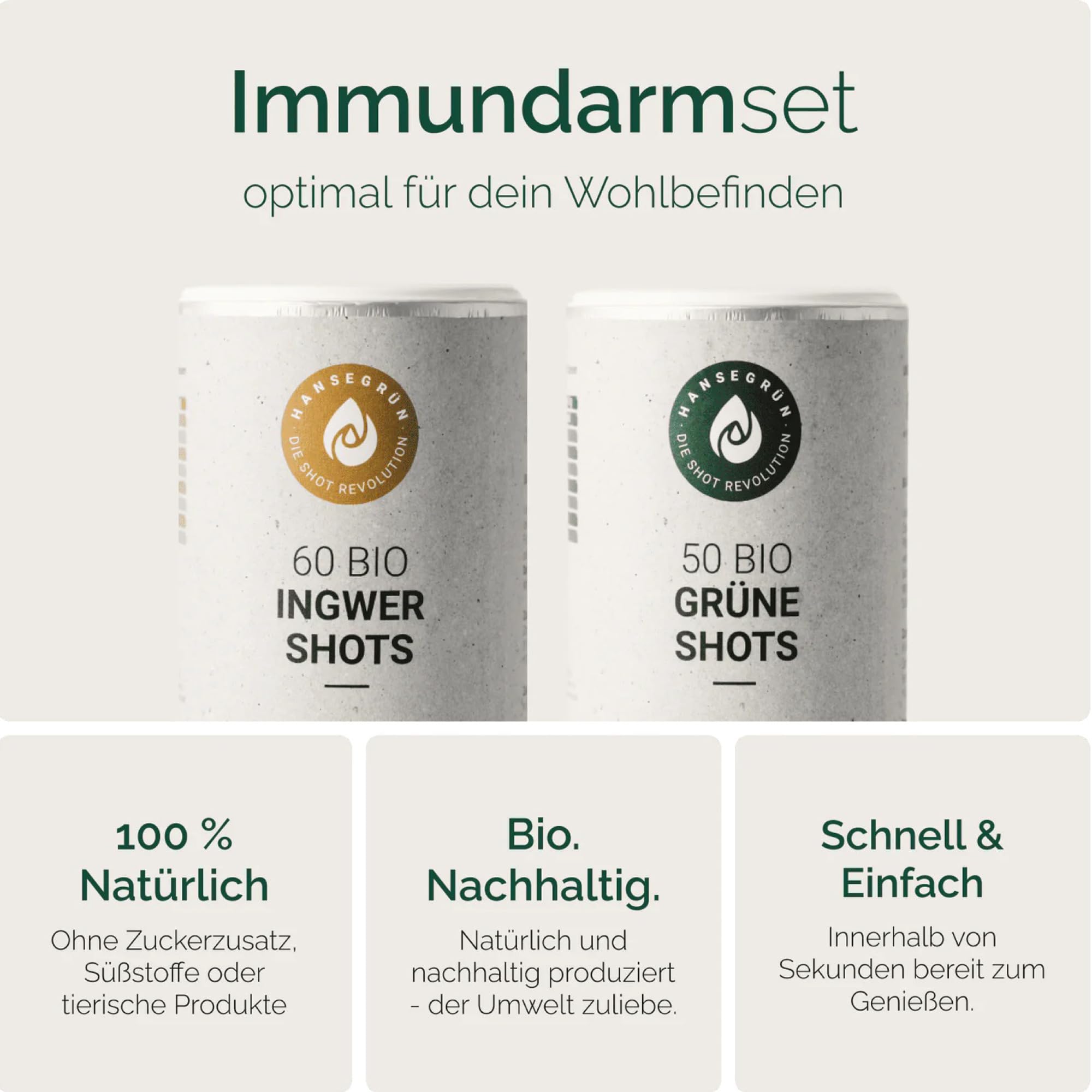 Hansegrün - Immundarmset (110 Shots) - Bio-Shots mit Ingwer & Greens - Veganes Superfood-Pulver zur Stärkung von Immunsystem¹ & Darm-Gesundheit³ - 100% echte Zutaten zur täglichen Zubereitung