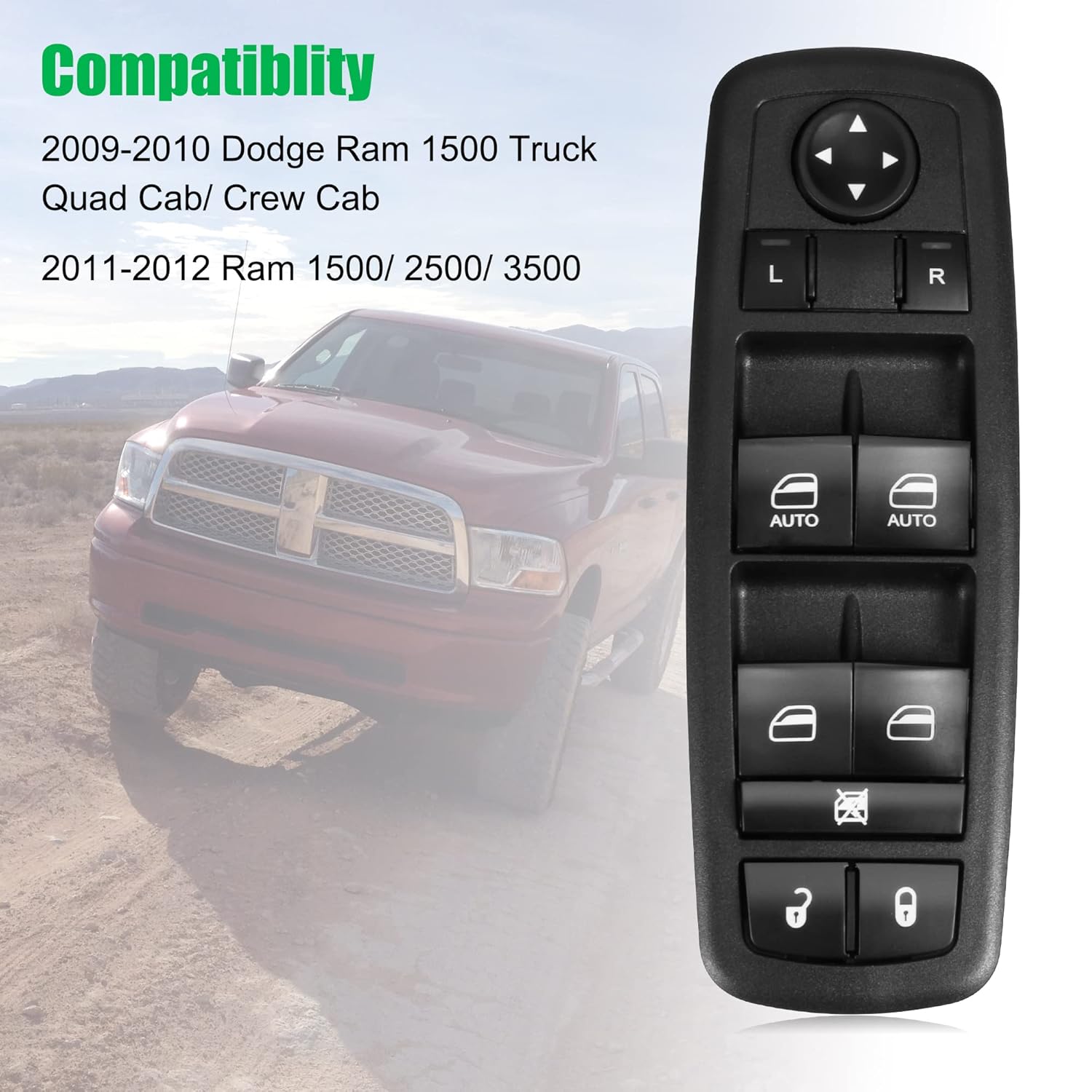 BASIKER Driver Side Power Master Window Switch Compatible for 2009 2010 2011 2012 Dodge Ram 1500 2500 3500 3pins+9pins, 4602863AB,4602863AC,4602863AD Driver Side Control switches