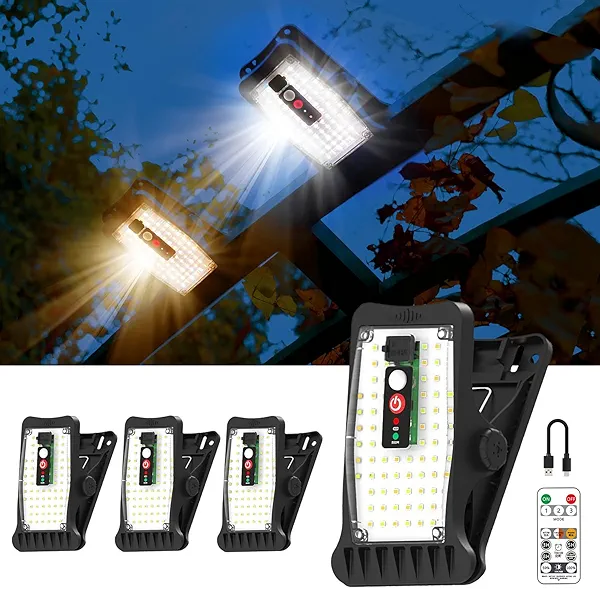 Clip On Solar Motion Lights Outdoor Waterproof, 800LM, 70 LED, 3 Color Temperature, USB & Remote Control, 4 Pack Portable Solar Powered Light Outside for Gutters Fence Garage Camping