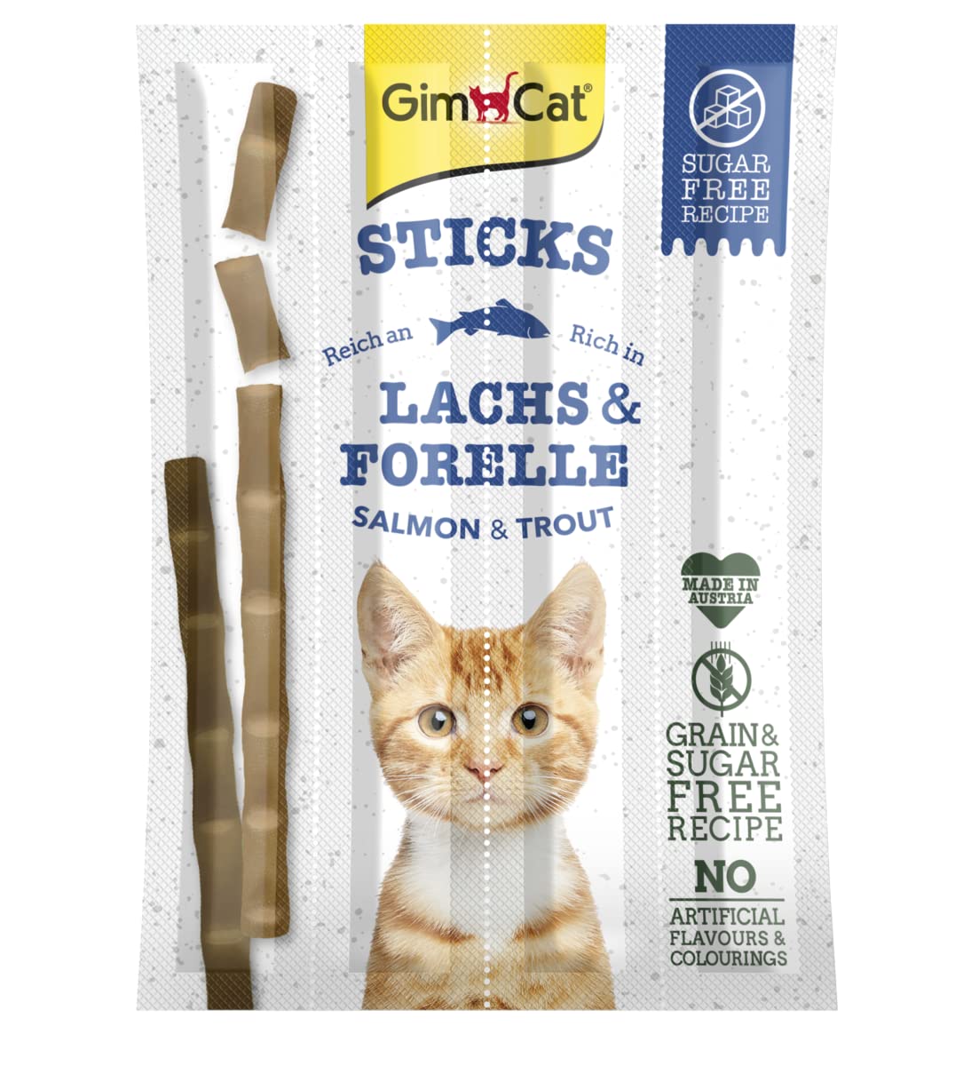 GimCat Sticks - Snack moelleux pour chats avec un pourcentage élevé de viande - Avec vitamines et taurine - Saumon & truite - 24 paquets (24 x 4 bâtonnets)