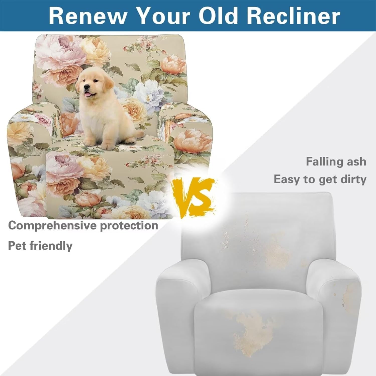 FOR U DESIGNS Flowers Washable Recliner Covers 4-Piece Stretch Sofa Slipcover Set Scratch Proof Fabric with Elastic Edges Pockets Universal Fit Most Recliners