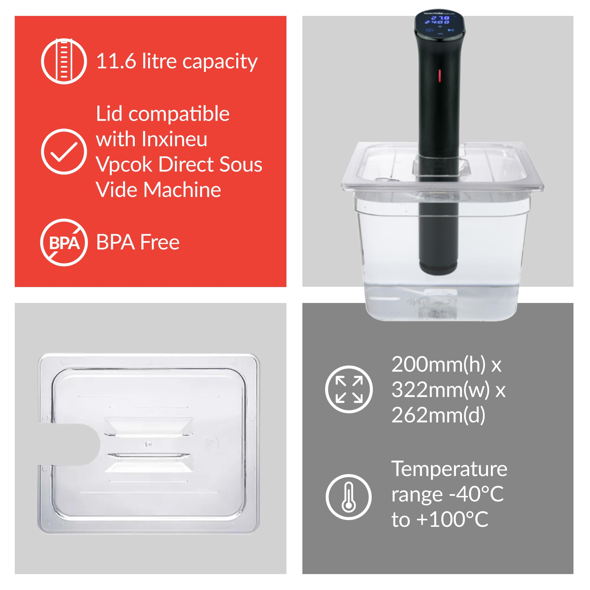 SousVideTools Contenedor Sous Vide | Depósito de agua | Compatible con olla directa Inxineu Vpcok | 11.6L
