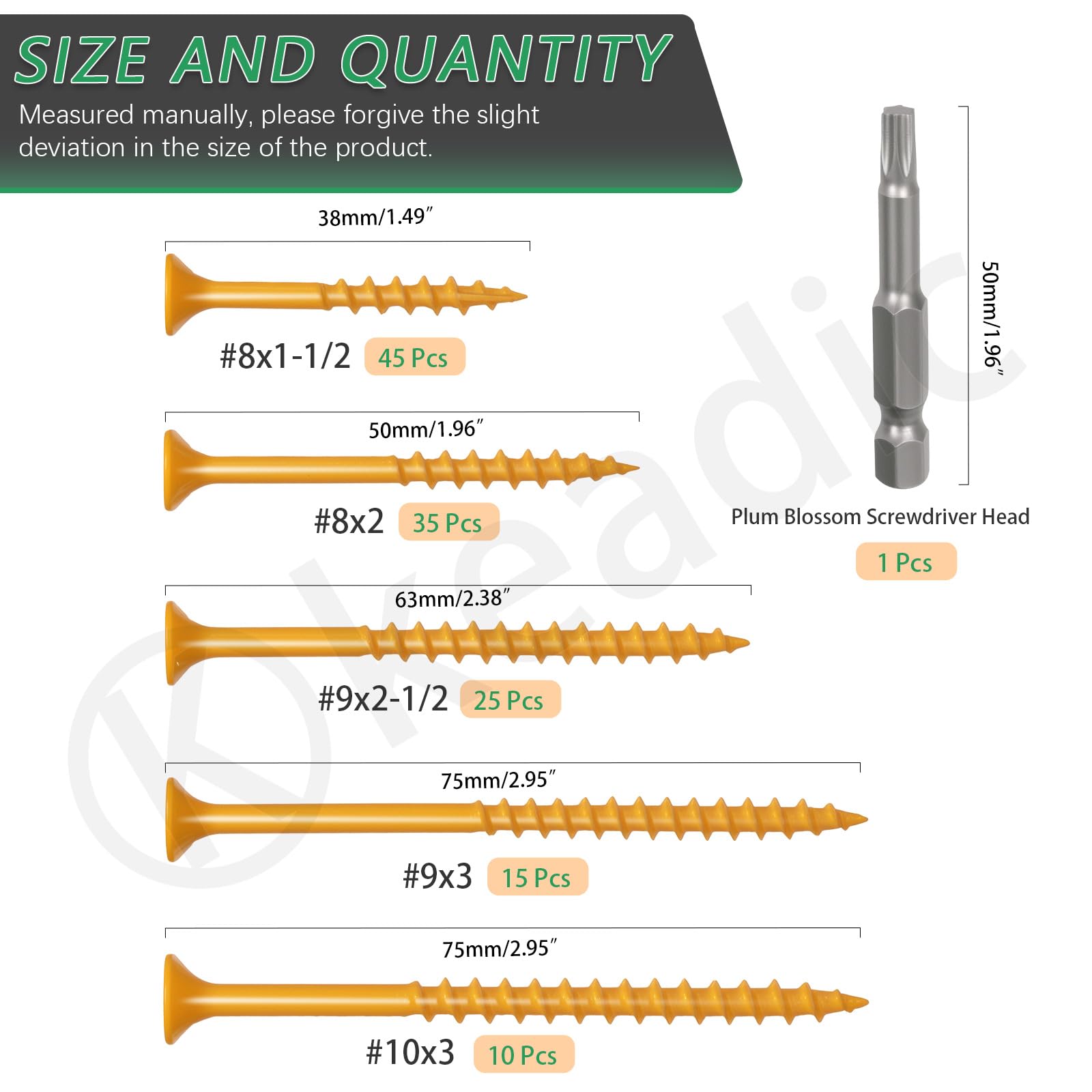 Keadic 130Pcs 5 Size Deck Screws, T25 Star Torx Drive Flat Head Wood Screws - Image 2