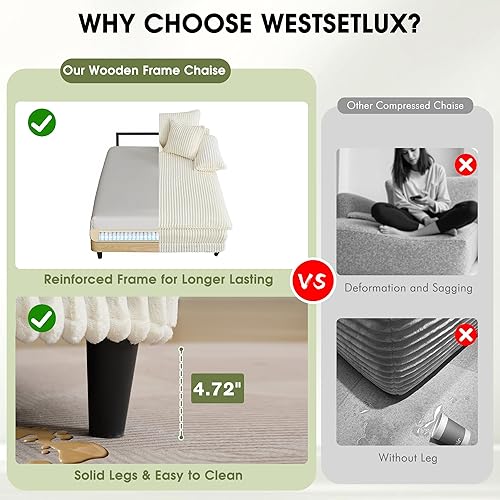 Miniatura 5 de Tumbona extragrande de 54.8 pulgadas de ancho para interiores con respaldo ajustable de 5 posiciones, sofá cama de pana con 3 almohadas, moderna