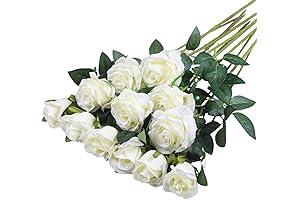 12PCS Artificial Silk Flowers Realistic Roses Bouquet Long Stem for Home Wedding Decoration Party (White)