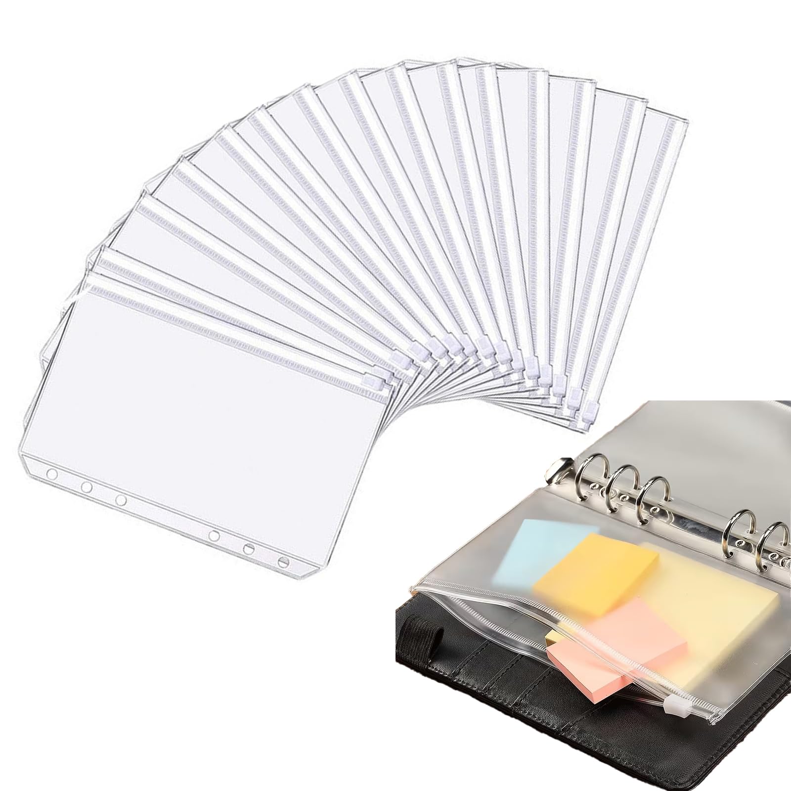 A6 Zipper Binder Punched Pockets,20 PCS PVC Plastic Budget Binder Pockets 6 Holes Ring Binders Document Organizer Bill Folder Money Cash Envelope Punch Wallet Organiser for Home Office Stationery