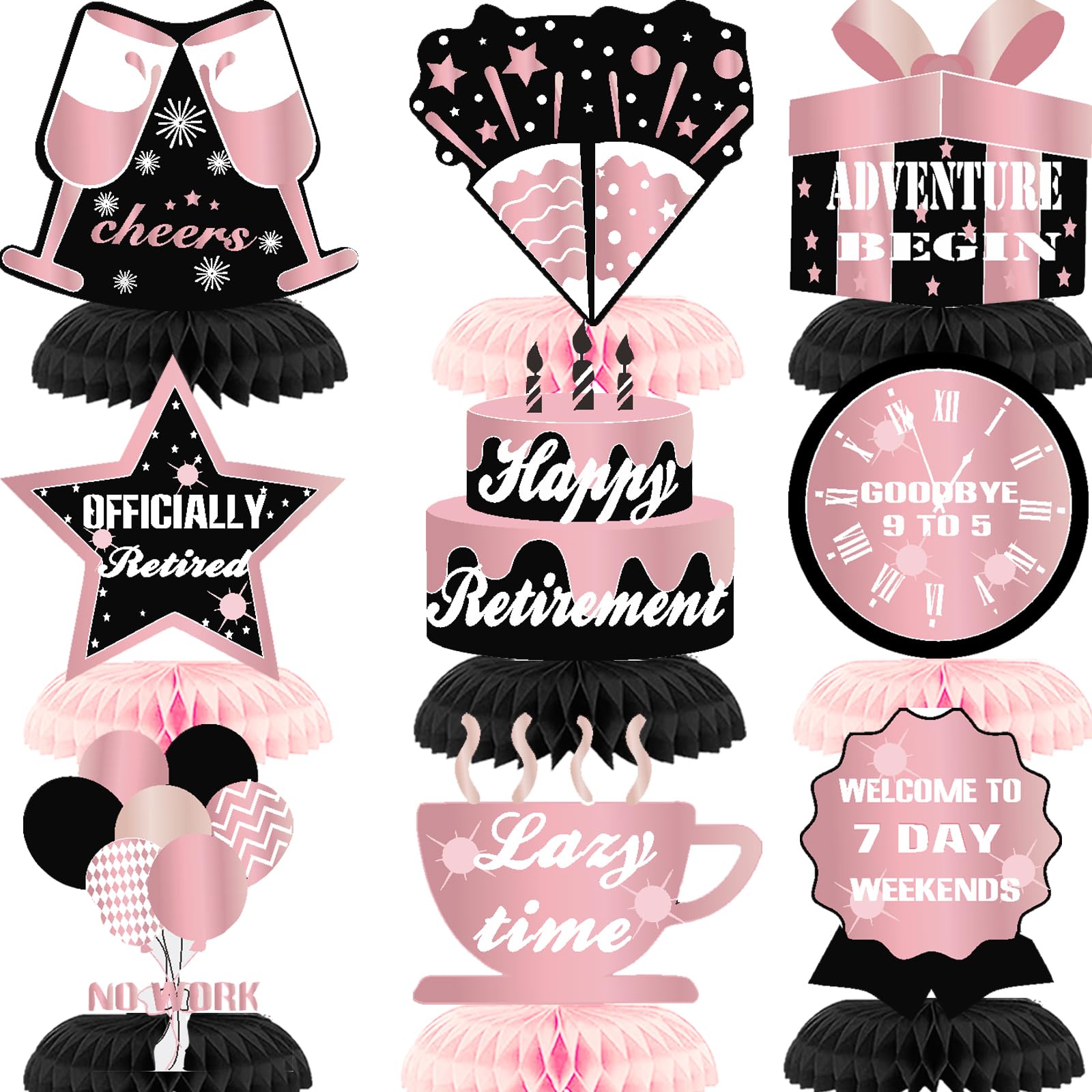 9Pcs Pink Black Happy Retirement Decorations Table Honeycomb Centerpieces Party Supplies Rose Gold Black Retirement Adventure Awaits Sign for Women