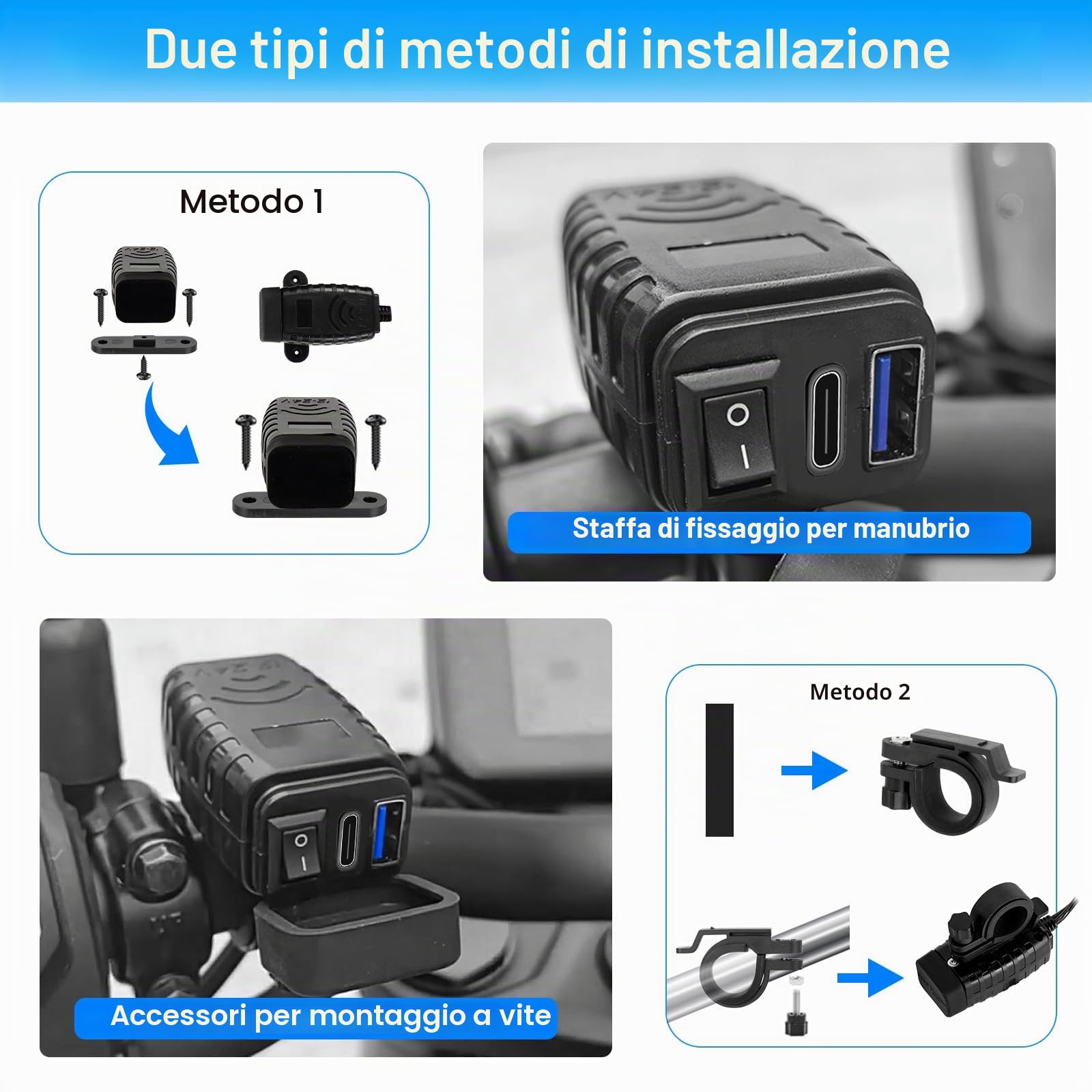 Presa usb 12V per Moto Impermeabile, Tipo C e Caricabatterie con Interruttore On/Off e Misuratore di Tensione LED, SAE Quick Charge 3.0 per Camper Moto 12V~24V (Tipo C + USB-A)