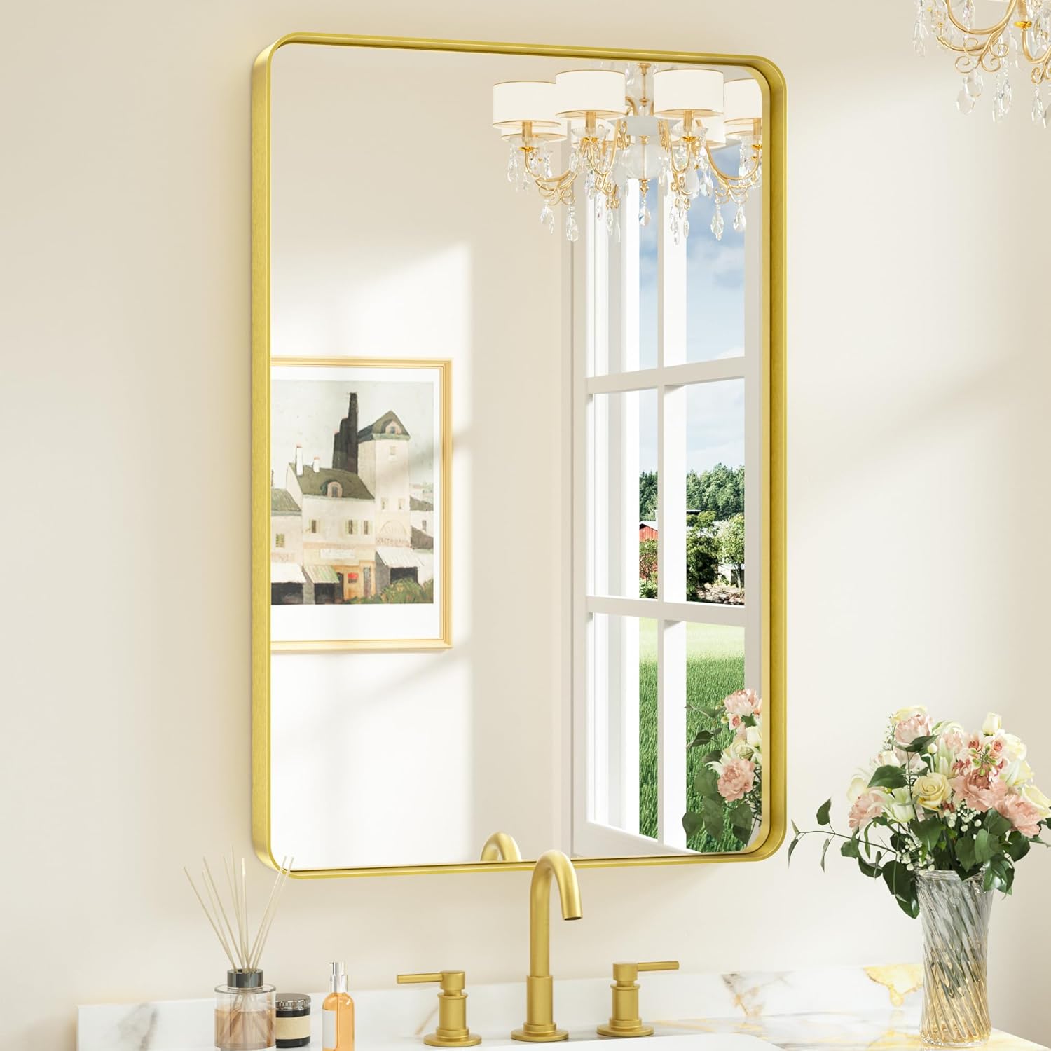 Keonjinn Gold Bathroom Mirrors for Over Sink 24 x 36 Inch Brushed Brass Metal Framed Mirror, Rounded Rectangle Bathroom Vanity Mirror, HD Tempered Glass Modern Mirror for Wall(Horizontal/Vertical) Brushed Gold 36"L x 24"W