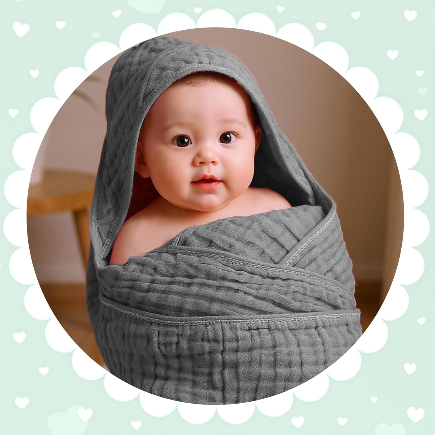 Peryiter 4 Pcs Muslin Hooded Baby Towels, 32"x 32" Cotton Newborn Bath Towel Muslin Infant Baby Blankets Absorbent Unisex Newborn Registry Gift Essentials for Girls Boys (Green,Gray,Brown,Blue)