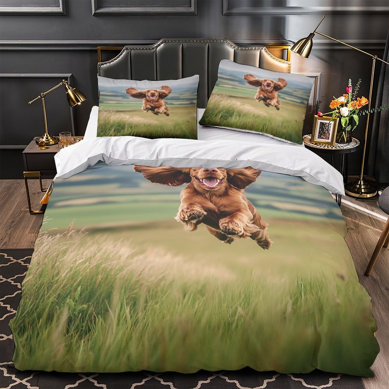 Parure de lit motif chien anti-tache et respirante pour lit adulte grand format 260x220