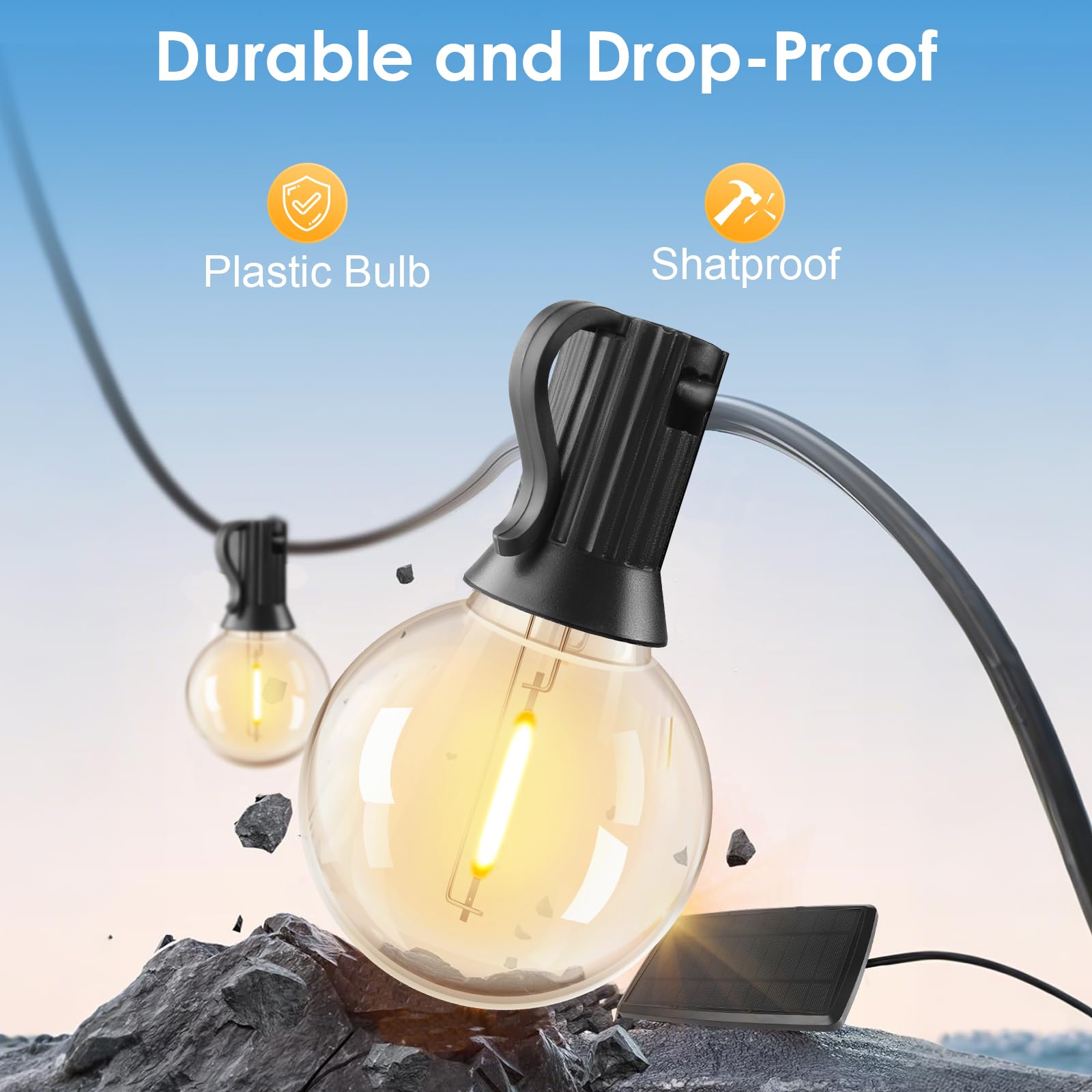 Solar-Lichterkette für den Außenbereich, wasserdicht, mit Fernbedienung, G40 solarbetriebene Lichterkette mit 40 + 2 bruchsicheren LED-Leuchtmitteln, dimmbar, Solar-Terrassen-Hängeleuchten für Außen