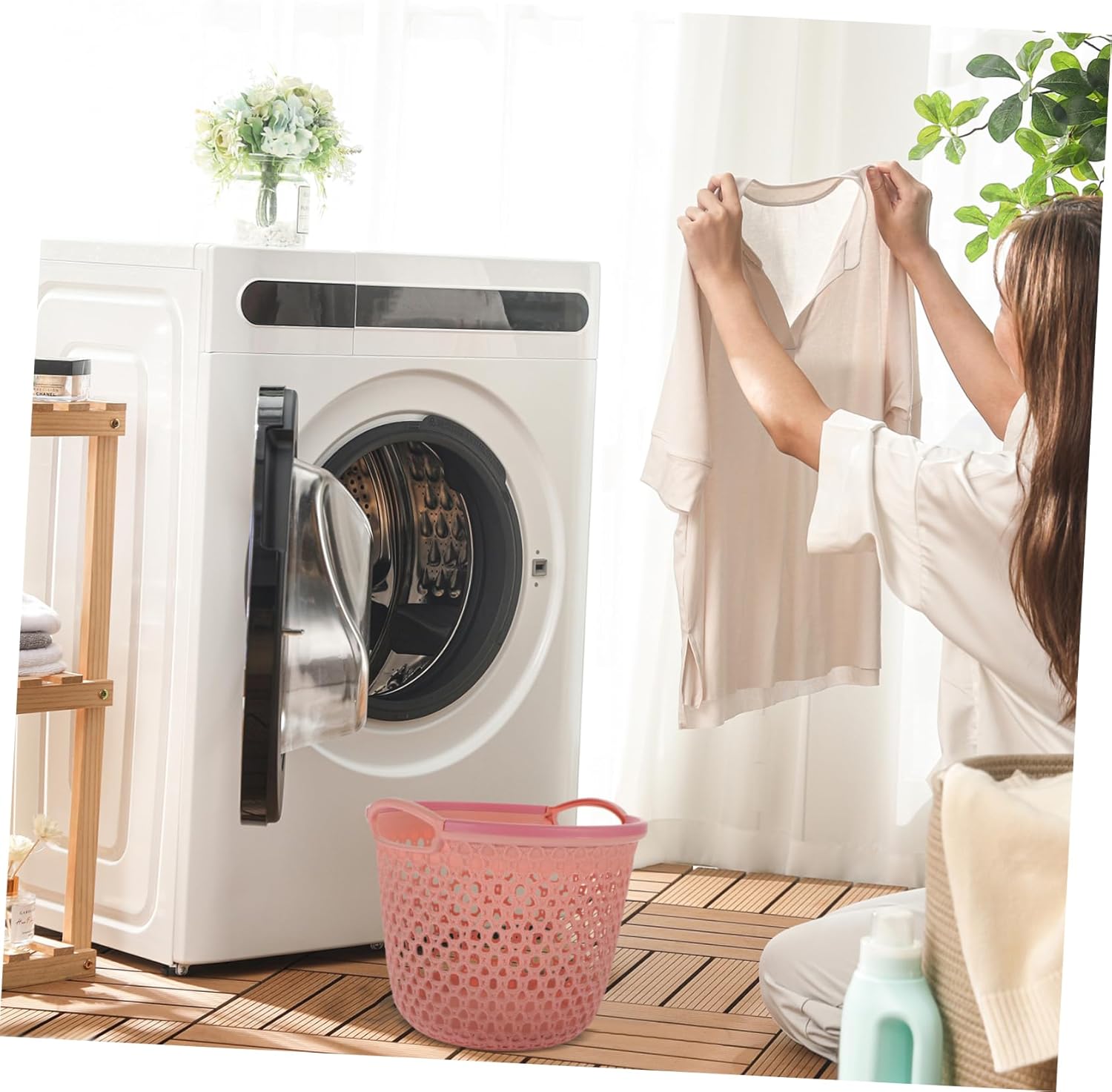 Hollow Laundry Hamper with Handle Medium Pink Storage Basket for Clothes and Sundries Compact PP Material Laundry Organizer for Bedroom Bathroom Dorm