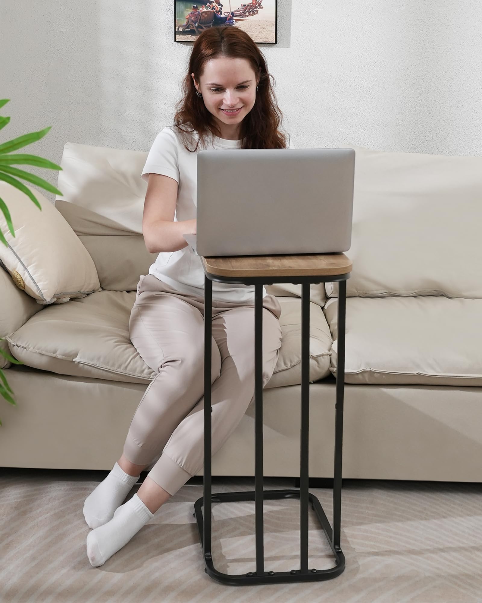 KJGKK C Shaped End Table, 26.6 inches High Small Side Table for Couch Sofa Bed, Tall Tv Tray Table for Living Room, Bedroom, Metal Frame, Greige & Black