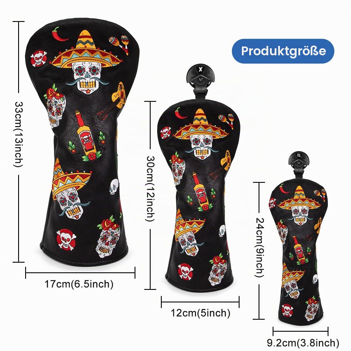 Golfschlägerhauben für Driver, Fairway-Hölzer, Hybriden und Schlägerklingen, Putter Sugar Skull Stil, Premium-Leder-Golfschlägerhauben Set mit austauschbaren Nummerntags -