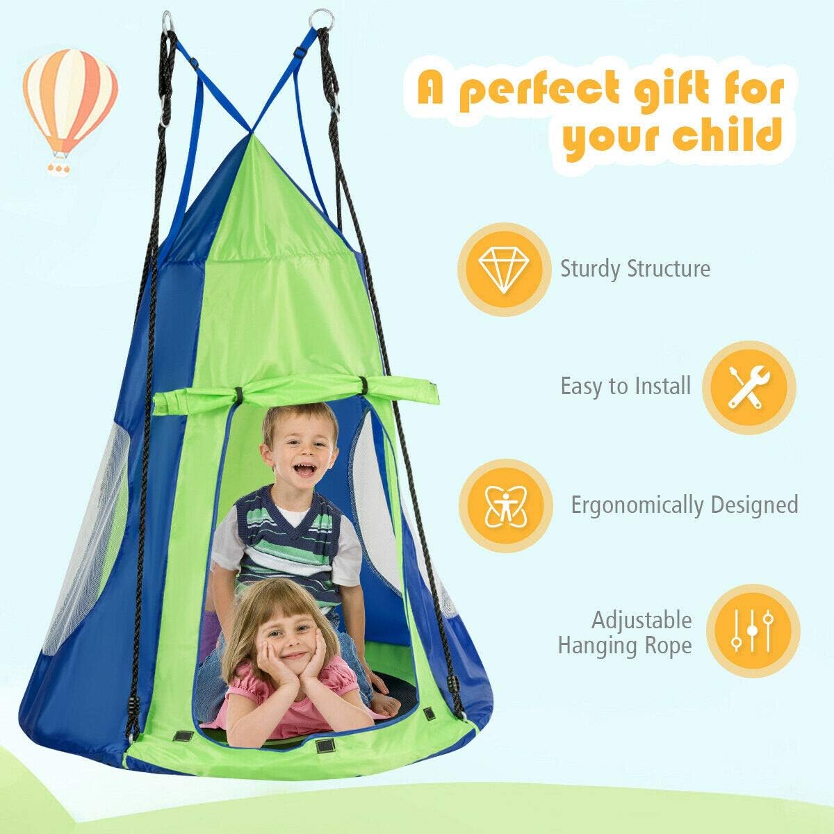 DORTALA Kids Hanging Chair Swing Tent Set, Hammock Nest Pod Hanging Swing Seat for Boys/Girls, Children Swing Play House with Detachable Play Tent, Max Capacity 330 LBS, 40", Green