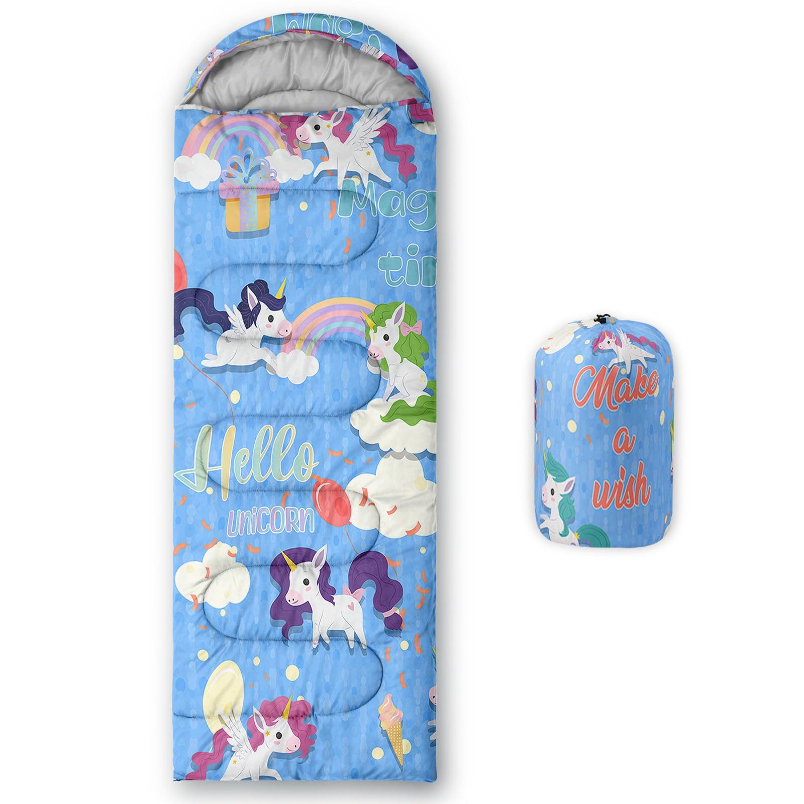 Smell Sunshine Kids Sleeping Bag for Boys Girls,Cartoon Blue Unicorn Print-Lightweight Warm Portable Outdoor Indoor-Waterproof Cold Weather Resistant Sleeping Bag for Camping Hiking(Unicorn)