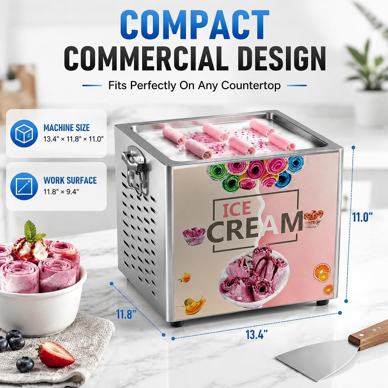 Gelatiera elettrica per gelato arrotolato, macchina professionale da banco in acciaio inox, piastra fredda con 2 raschietti per caffè e piccole imprese fai da te