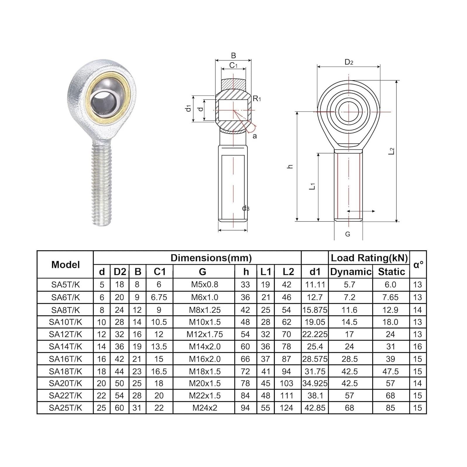 1 pièce 5 mm/6 mm/8 mm/10 mm/12 mm/16 mm/18 mm/20 mm/22 mm/25 mm mâle/Femelle SA SI T/K POSA8 PHSA8 rotule métrique Filetage Tige Embout roulement(Sa12 12mm)
