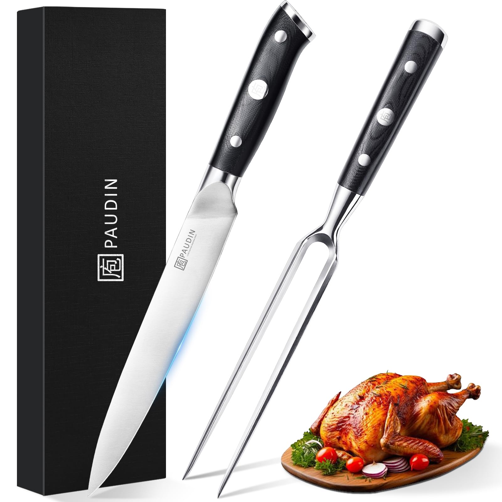 PAUDIN Carving Knife Set, 8" Meat Slicing Knife, 7" Turkey Fork, Gift Box