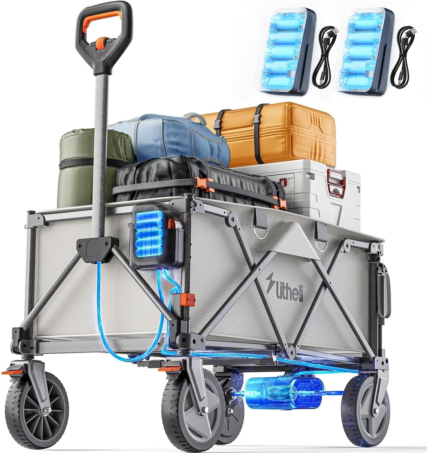 Litheli Collapsible Wagon Cart with Wheels Foldable, 200L Heavy Duty Wagon, 8" All Terrain Wheels Large Capacity Utility Wagon for Grocery Shopping, Sports, Garden, Camping, 2 U-Battery