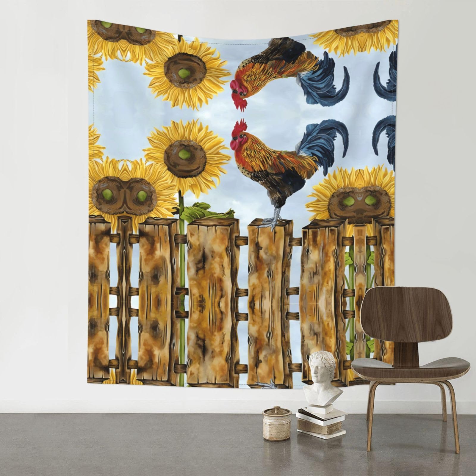WHJSHOP Vintage Sunflower Rooster Prints Original Wall Tapestry 60x51in – Boho Throw Blanket for Dorm Decor, Beach Picnic, & Bedroom Layering