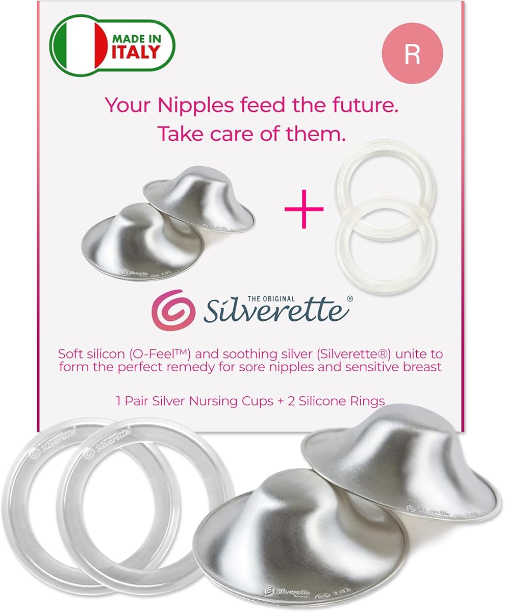 SILVERETTE The Original Silver Nursing Cups, Nipple Covers for Breastfeeding with O-Feel Silicone Rings, Regular