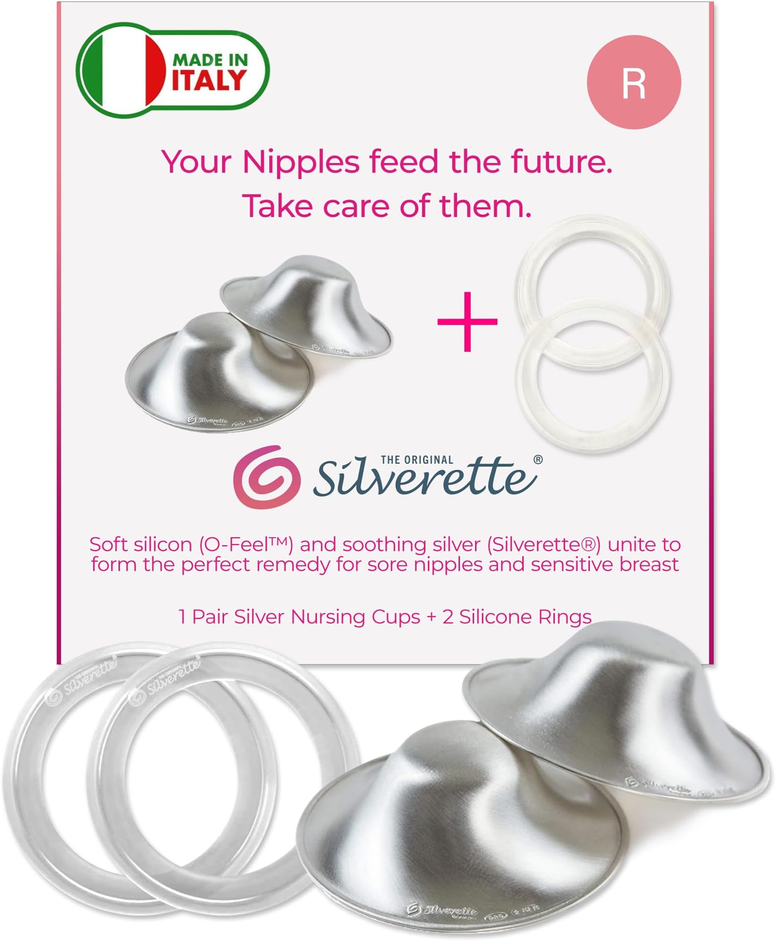 SILVERETTE The Original Silver Nursing Cups - Soothe and Protect Your Nursing Nipples -Made in Italy (Regular + O-Feel)