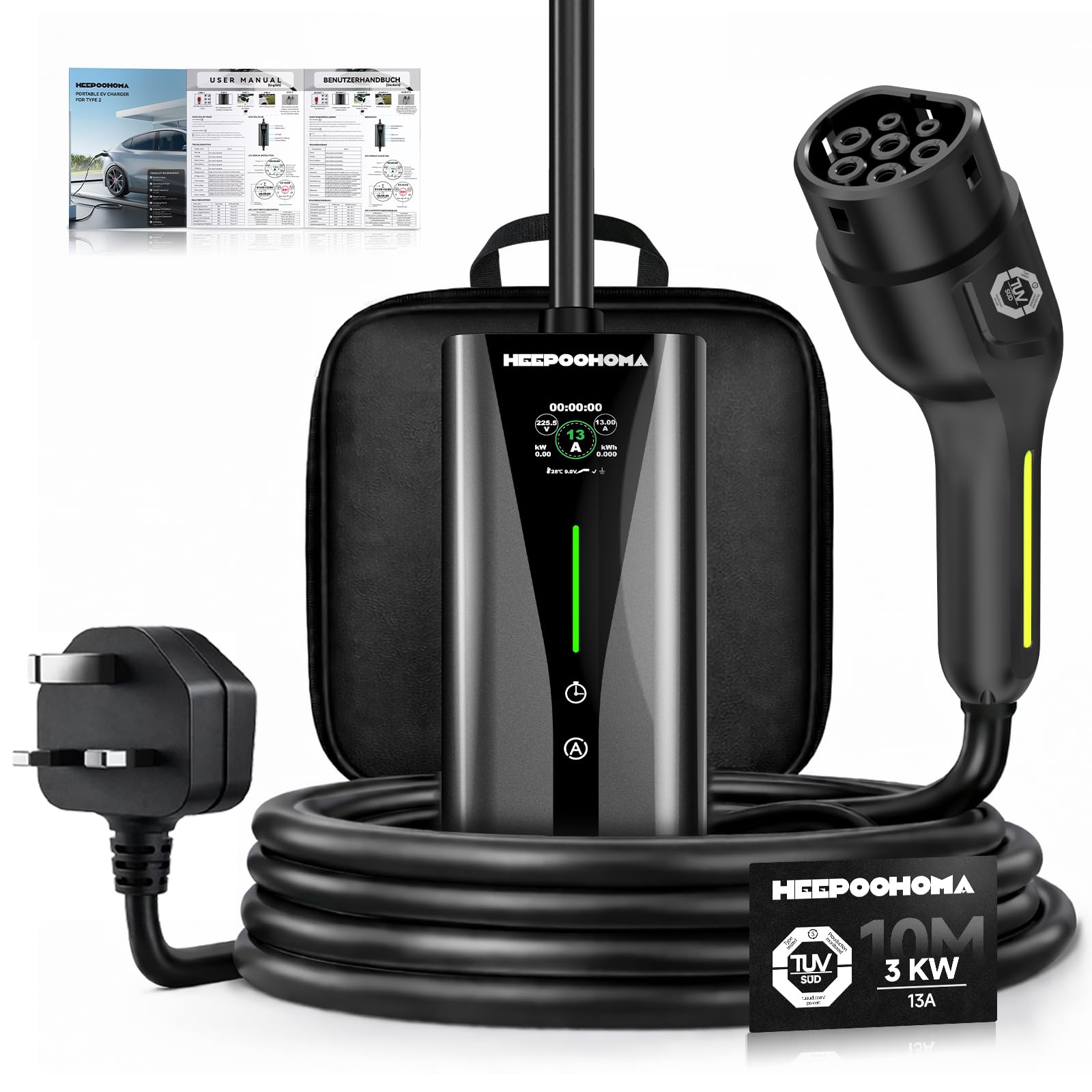 EV Charger 10M, 3 kW 6-13A 3 Pin EV Charger, Portable Electric Car Charger Cable Type 2 to 3 Pin Plug for up to 12H Delayed Start Charging with 2.4″ Screen, IP67 for EVs & PHEV