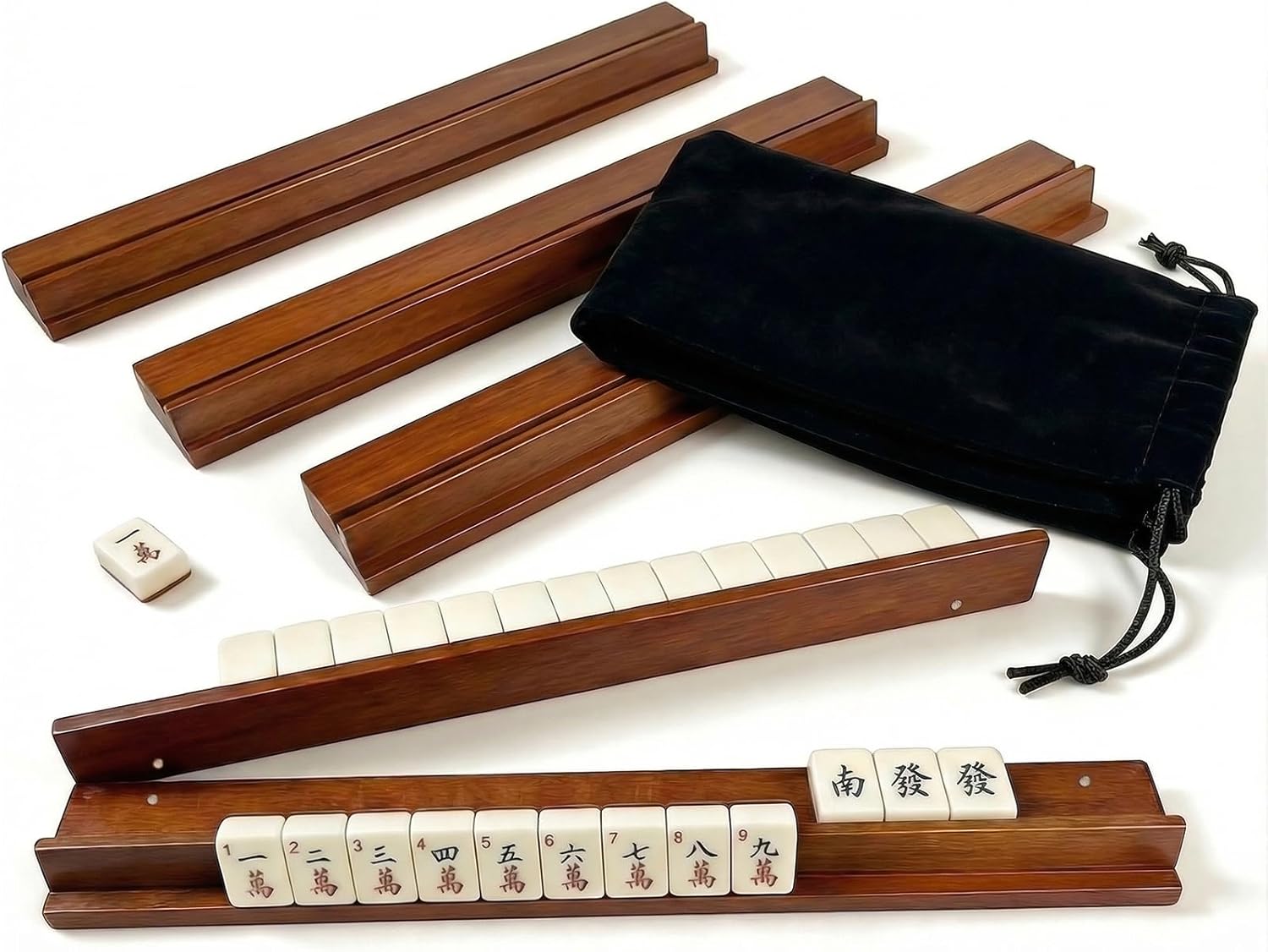 Wooden Mahjong Racks with Pushers Set of 4, 17" All-in-One Mahjong Tile Holders with Storage Bag – Perfect for Mahjong, Dominoes & Mexican Train (Natural Walnut)