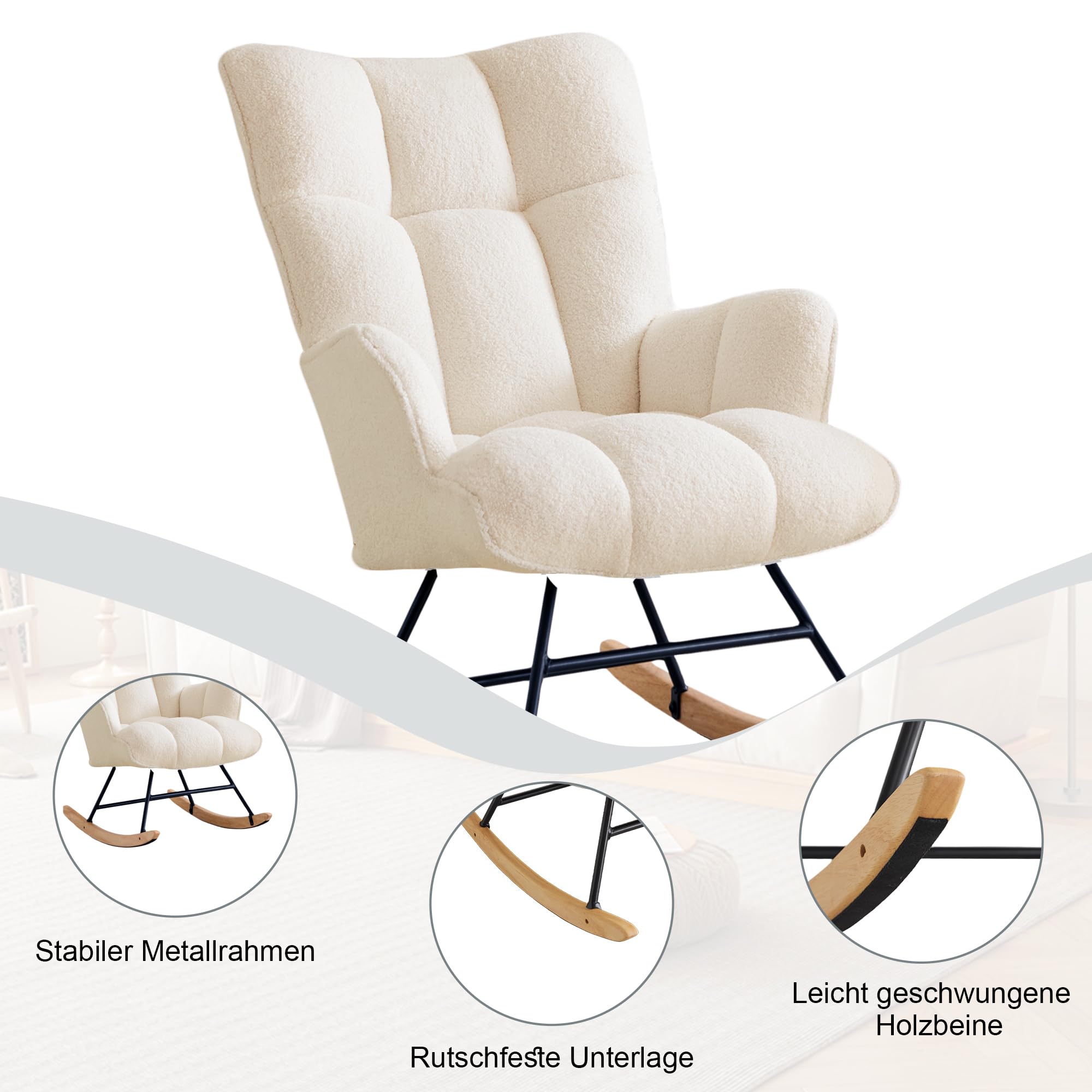 Schaukelstuhl Stillsessel Schaukelsessel mit Armlehnen Gepolsterter Stillstuhl Relaxsessel für Wohnzimmer Babyzimmer Bis 136 kg Belastbar Rocking Chair Nursery Elfenbeinfarben