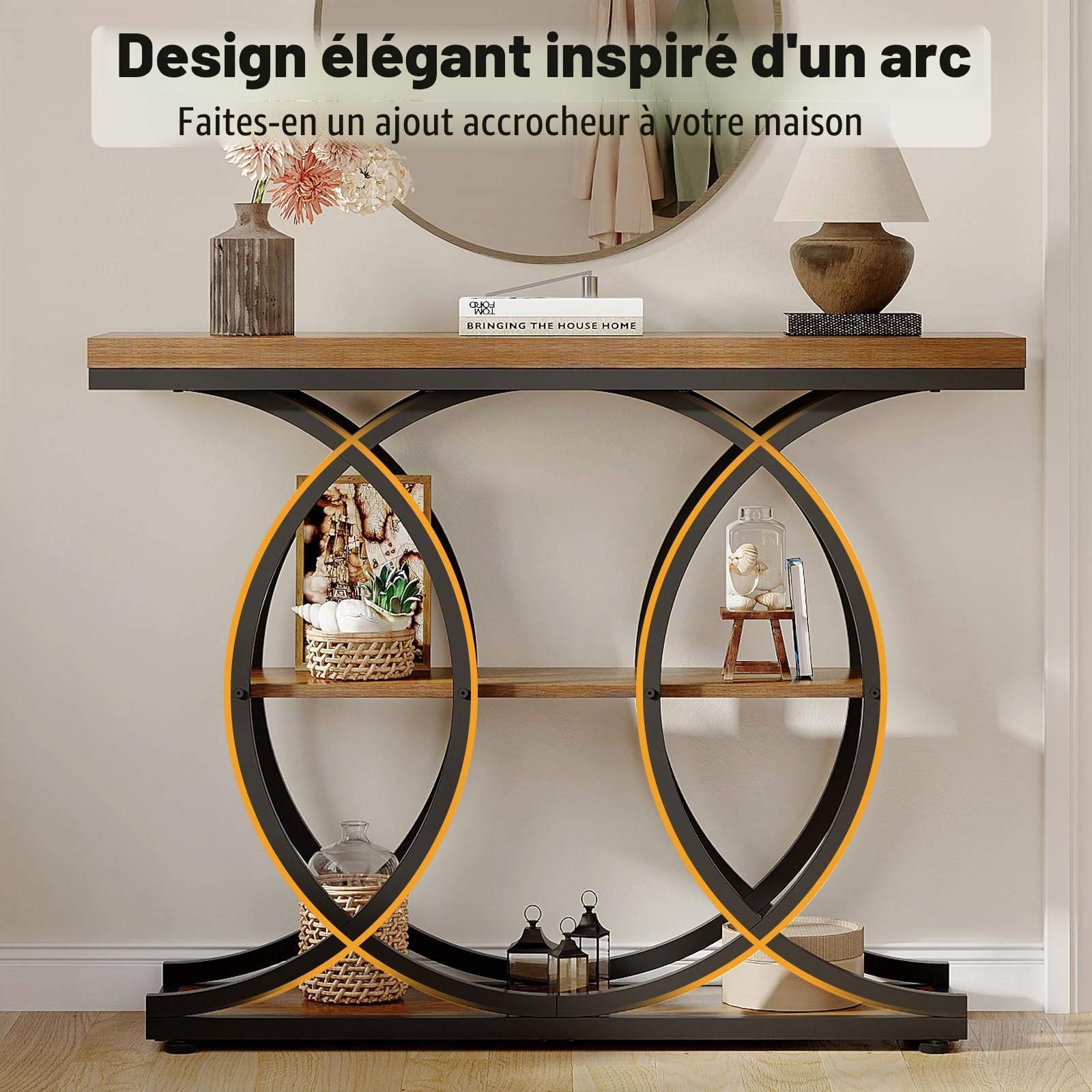 Tohomeor Table console étroite pour le couloir 105x30, Table de canapé industrielle à 3 niveaux avec base ronde, Table d'appoint en bois avec compartiments de rangement pour salon, couloir, entrée