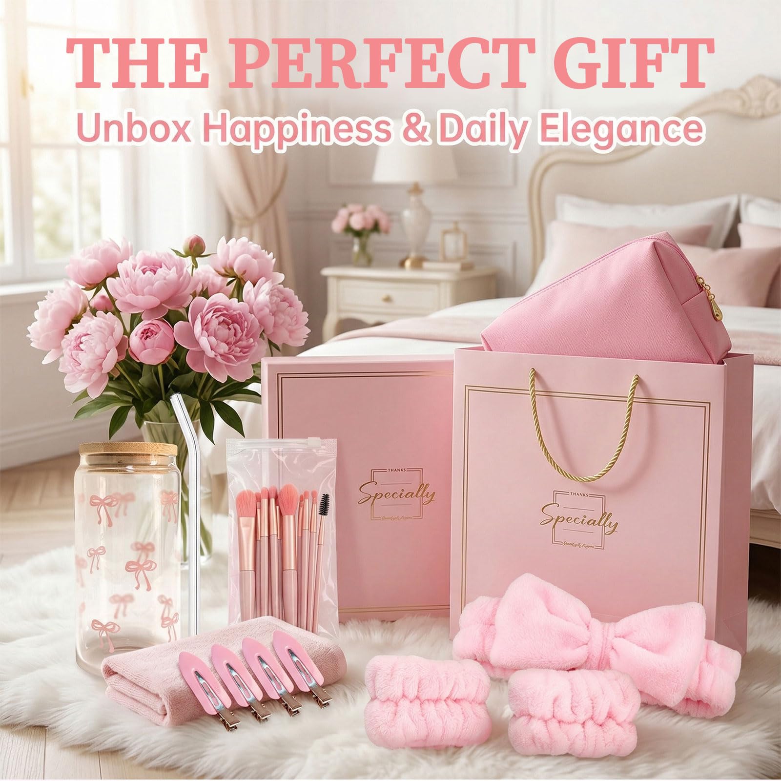 rosa Geschenkbox Regalo per Ragazze Teenager 9-16 Anni, Set Regalo di Compleanno con Bicchiere di Vetro, Cannuccia, Coperchio, Pennelli Trucco, Borsetta Cosmetica, Fermaglio per Capelli,